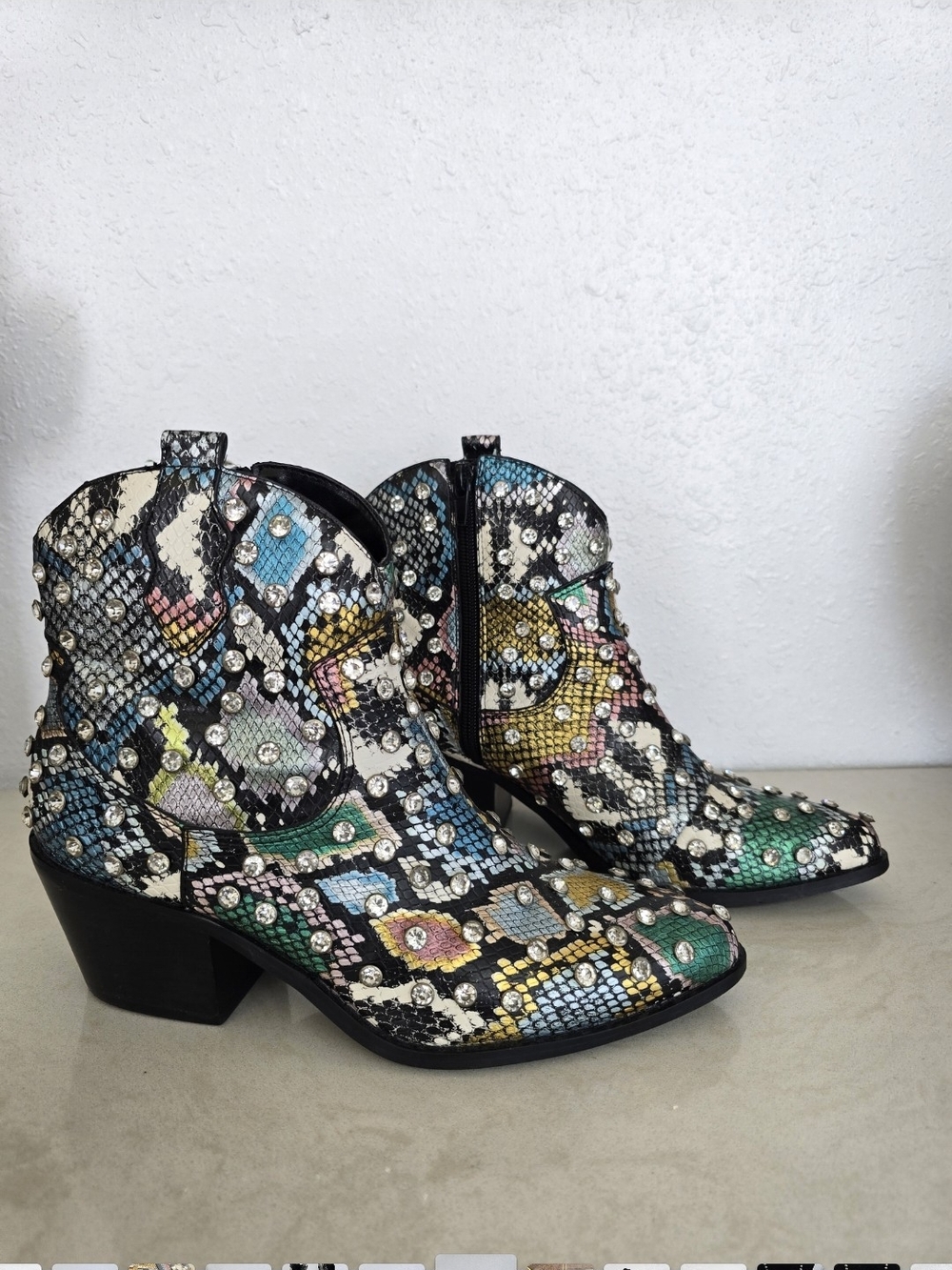 Betsey Johnson Jenkins Rhinestone Multicolor Western Ankle Boots 7.5